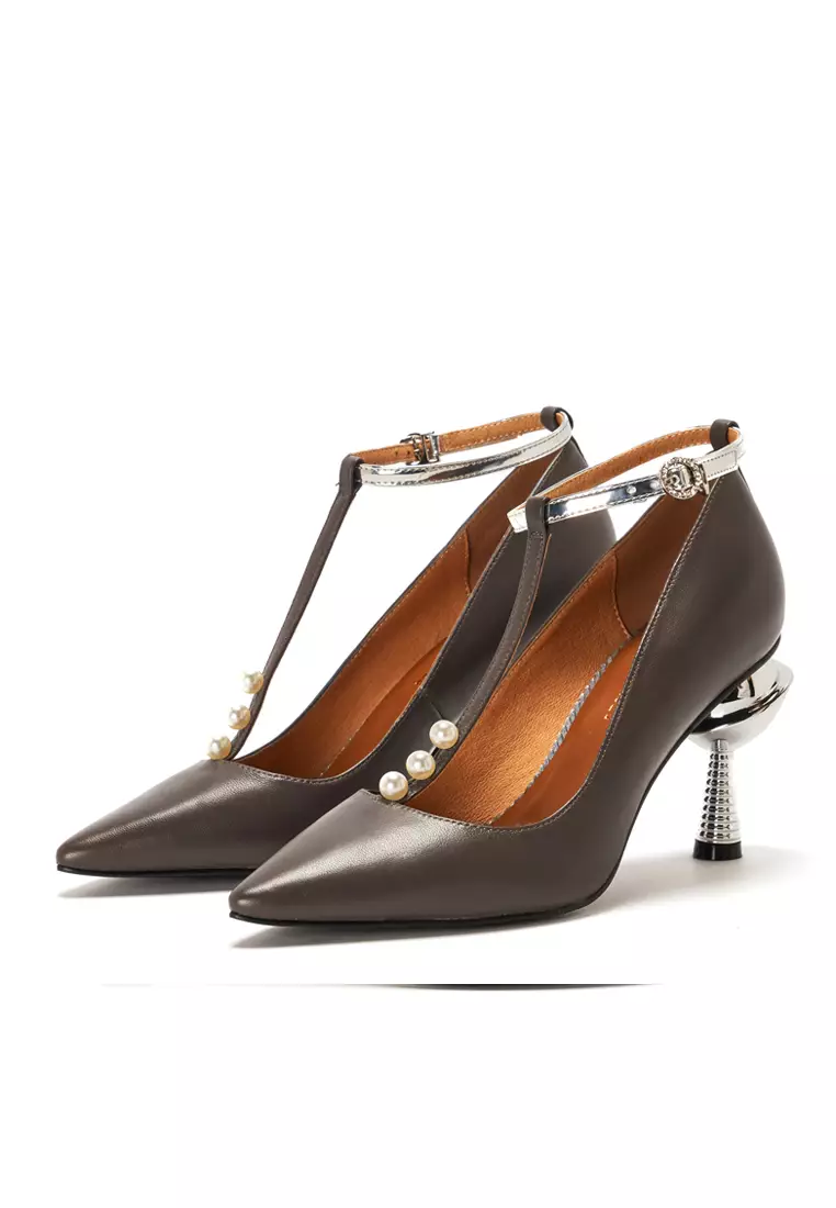 Buy House of Avenues Ladies T Strap Metal Heel Pumps 5376 Grey