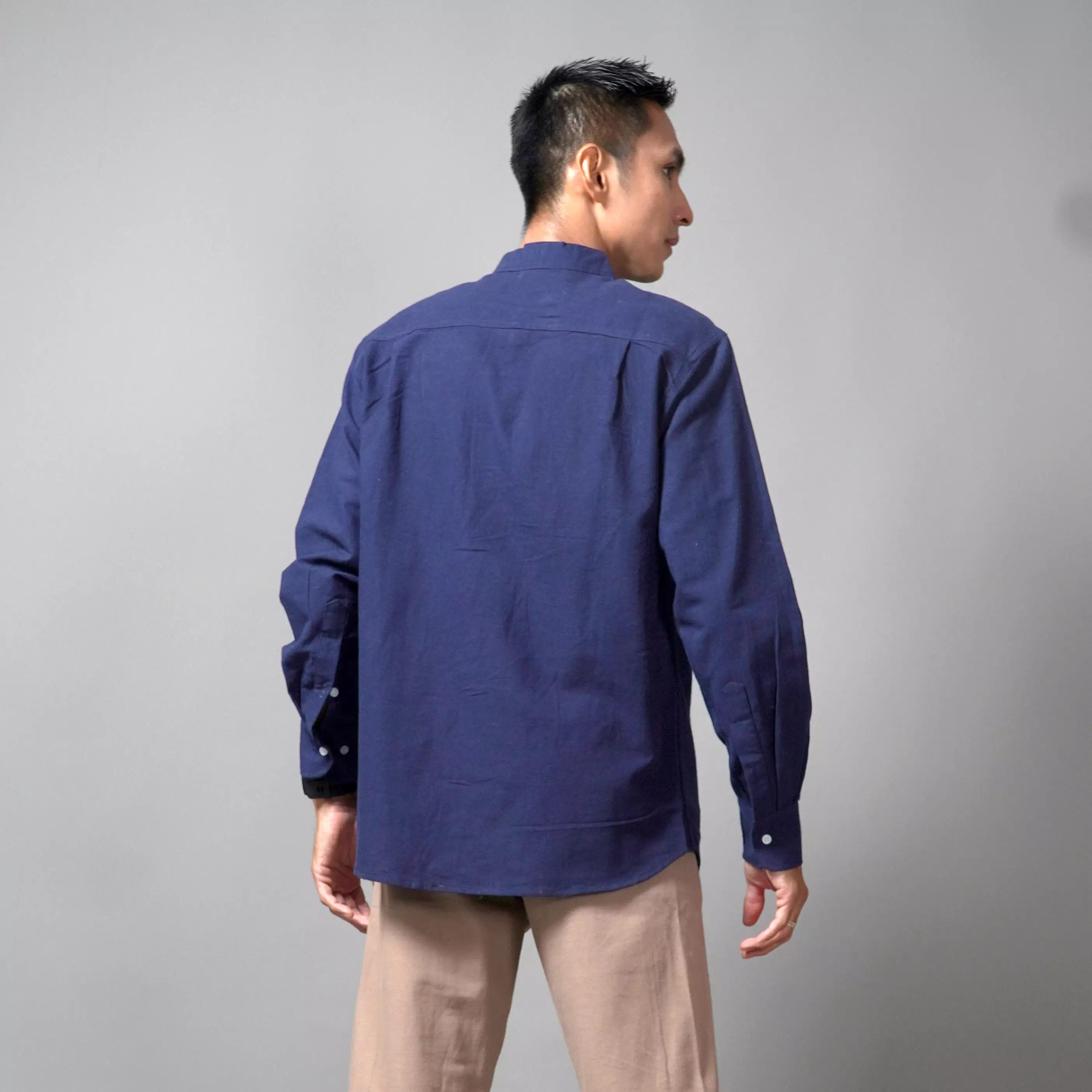  ASHRAF Kemeja Pria Casual Linen Baju Koko Kemeja Lengan Panjang - Navy