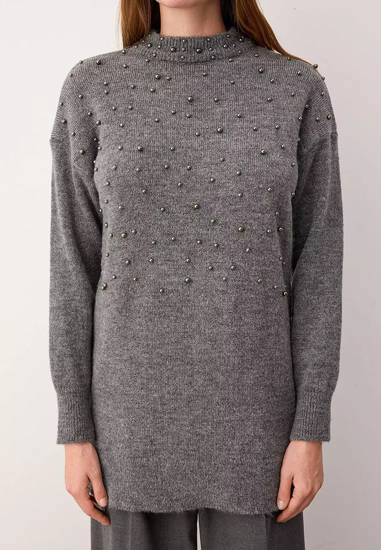 Metal Pearls Detailed Knitted Sweater