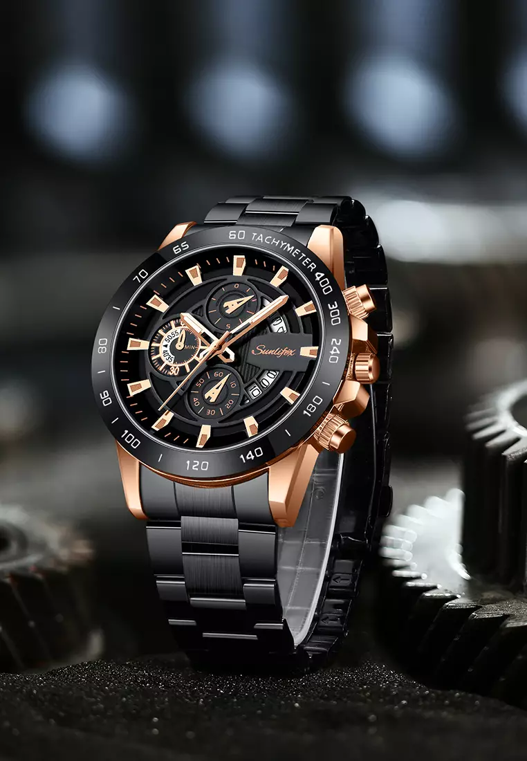 Jam Tangan Pria SL3321 Quartz Kalender Bercahaya Olahraga Tali Stainless Steel Jam Tangan Cowok blackgold