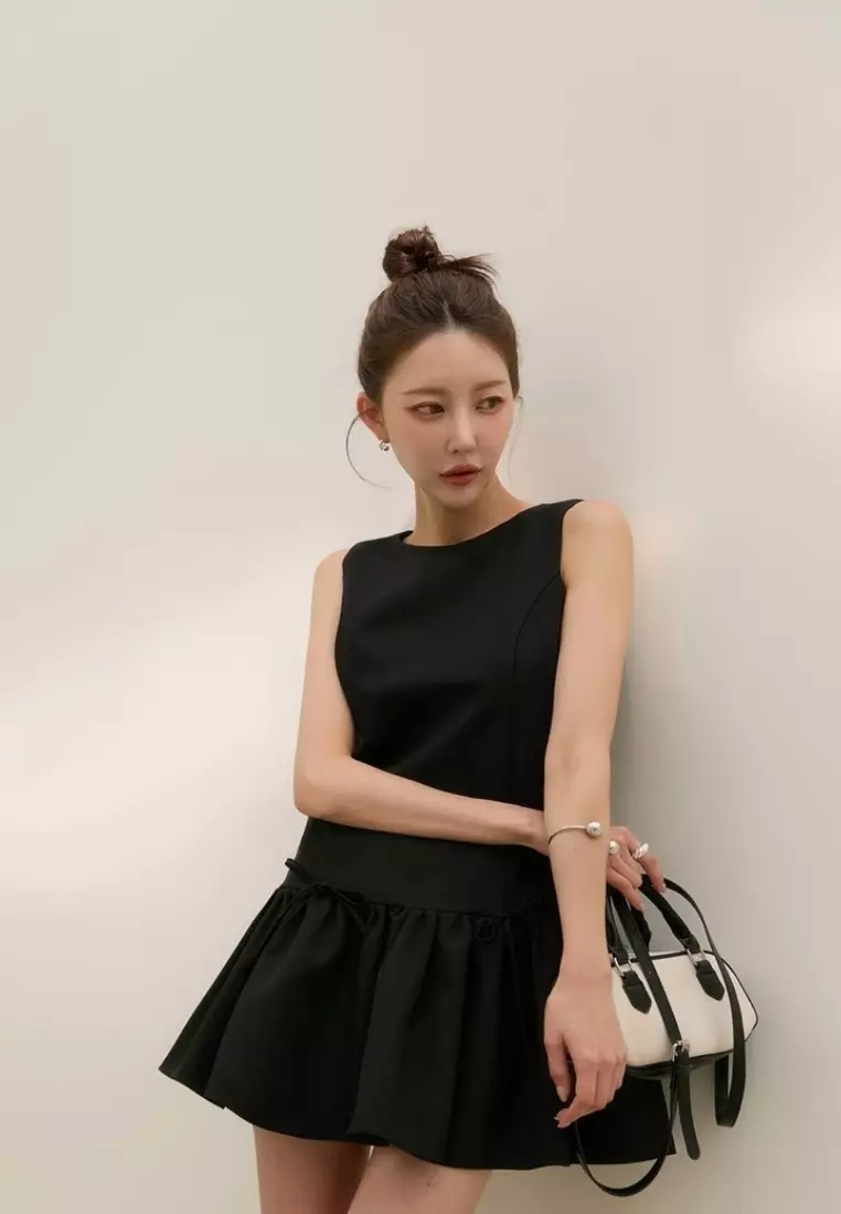 Elegant Bow Tie Vintage Puffy Tank Mini Dress CA26041612BK