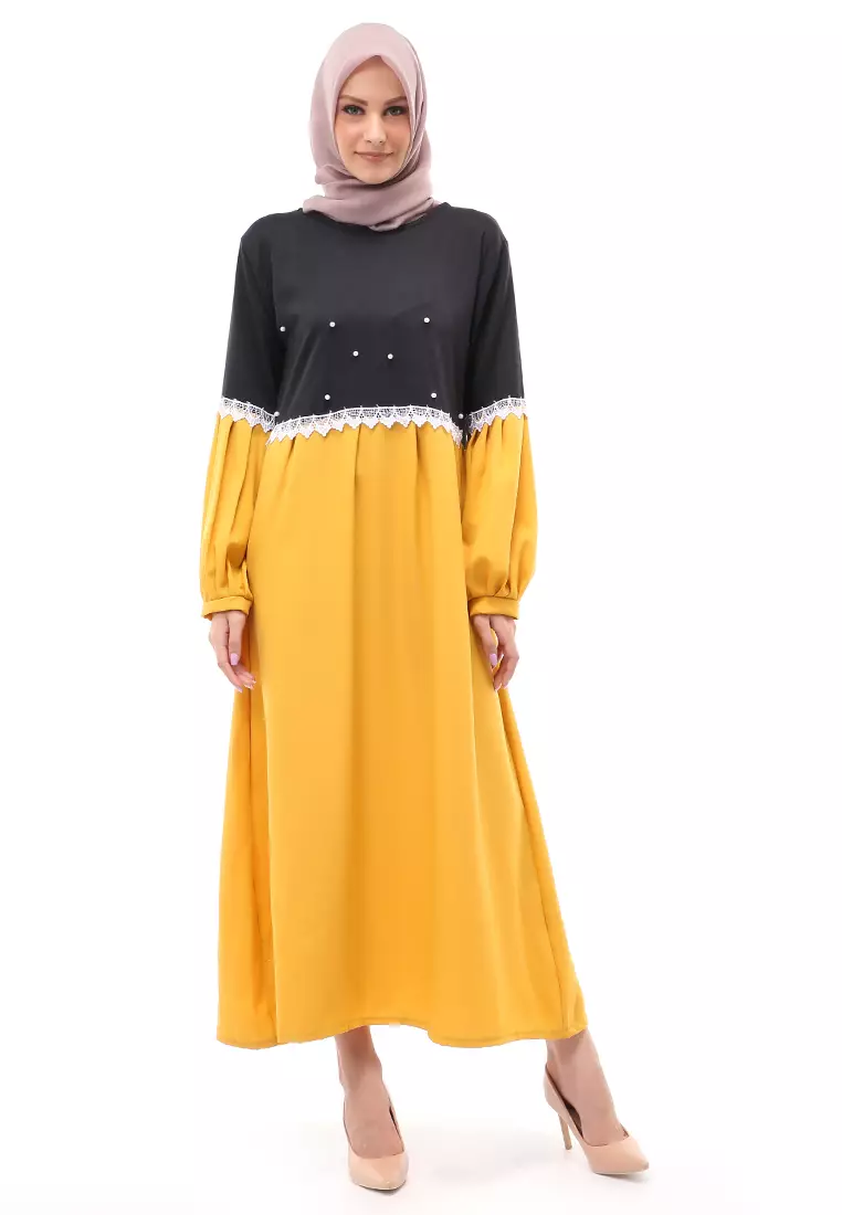 Sarinah Gamis Muslimah Panjang Atasan Wanita Motif Mutiara Regular Fit - Mustard