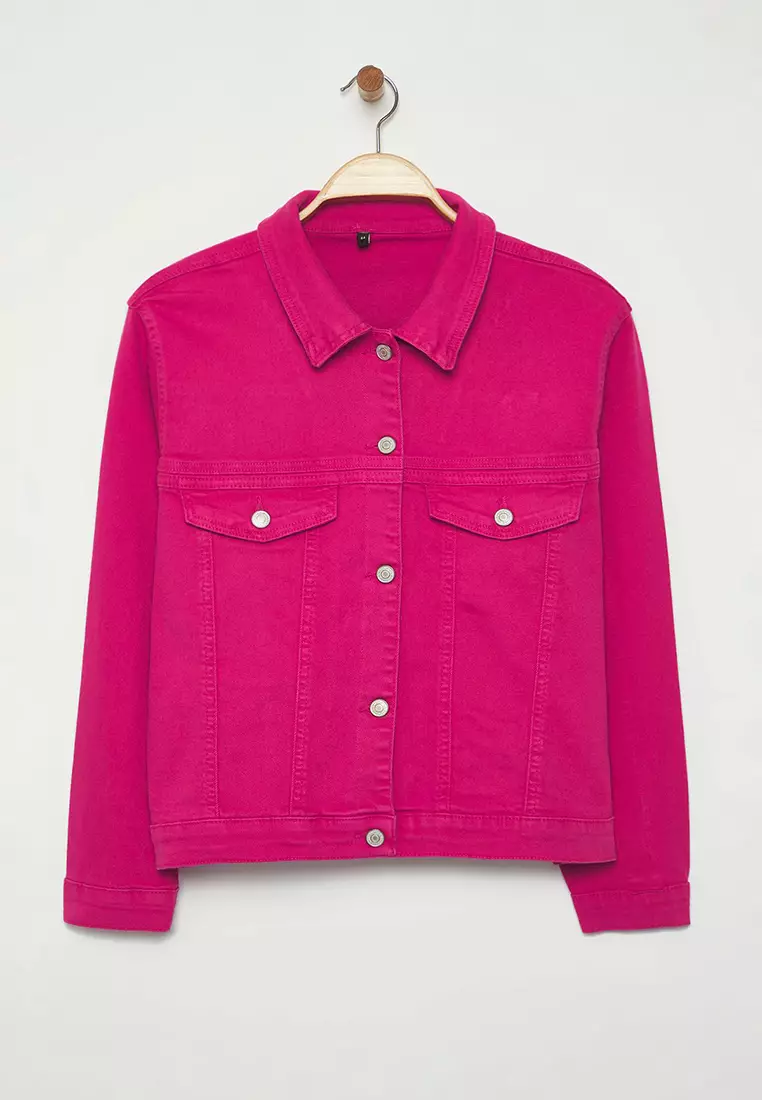 Fuchsia Stretch Crop Plus Size Denim Jacket TBBSS25AG00007