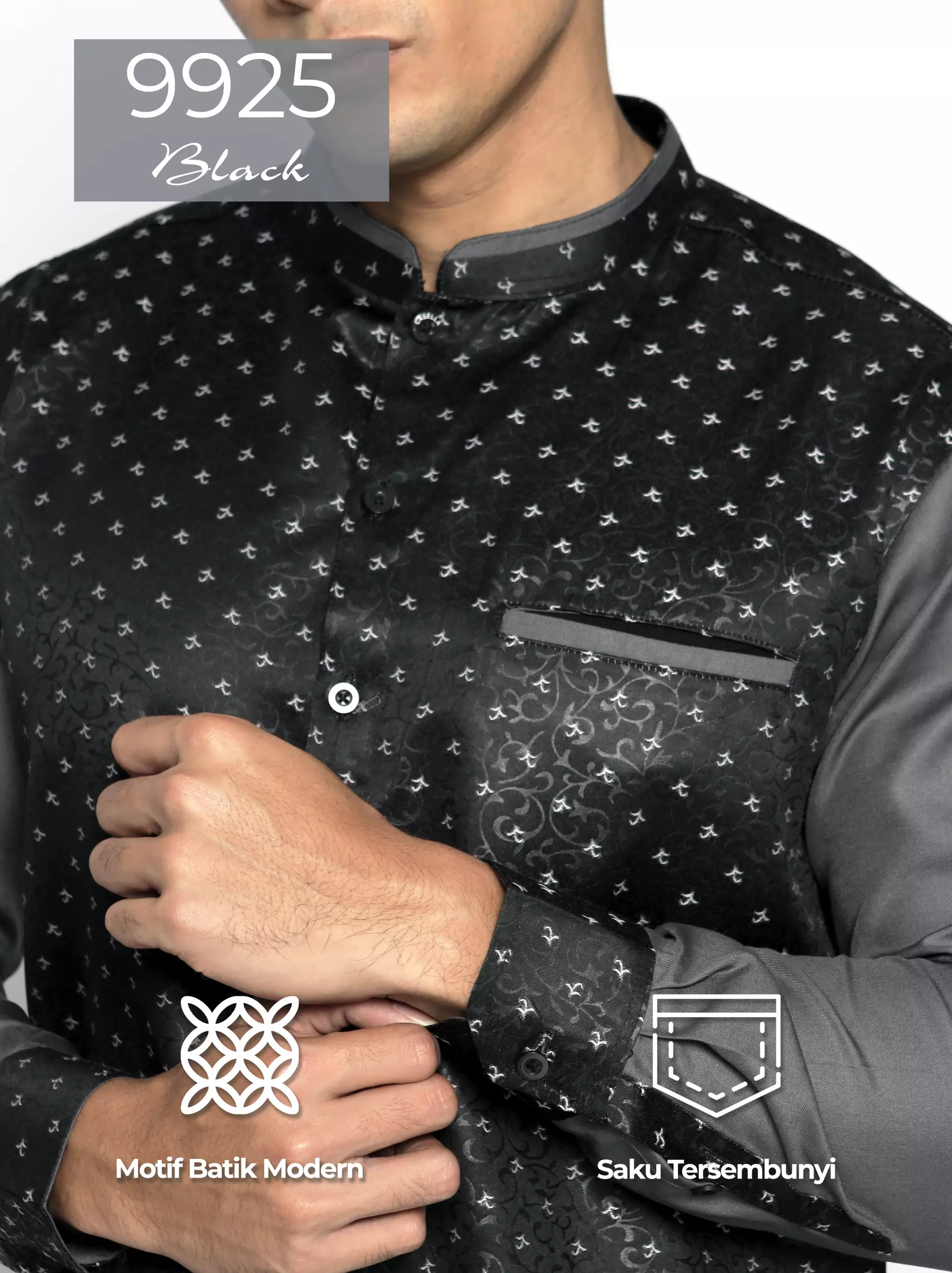 Casella Baju Koko Pria Lengan Panjang Kombinasi Batik Jeddah Design 9925 Black