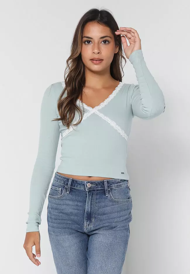 Hollister lace trim henley long sleeve top in light blue