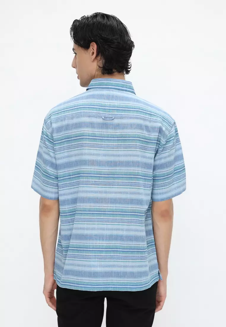 POLICE Kemeja Salur Printing Biru Regular Fit Pria