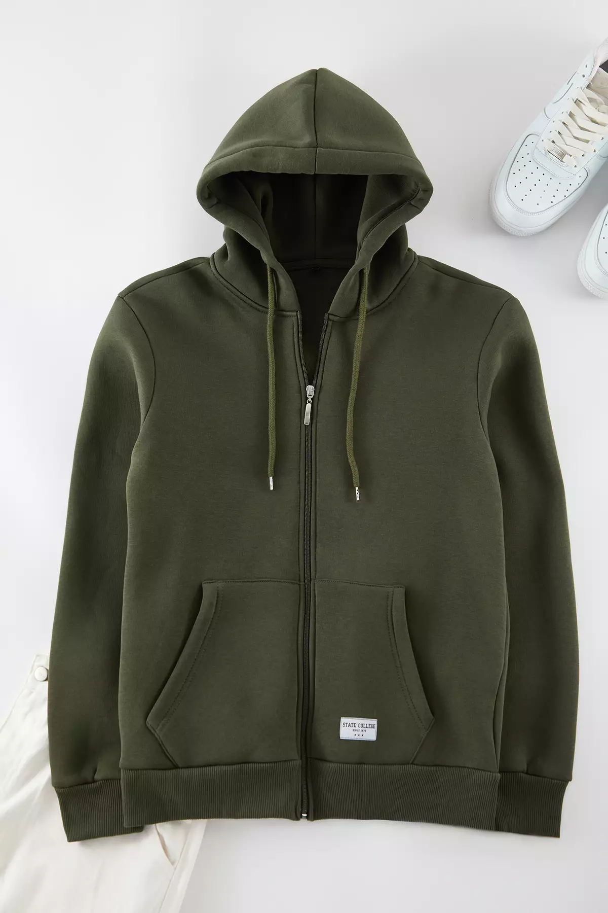 Basic Zipper Hoodie with Embroidered Label Patch