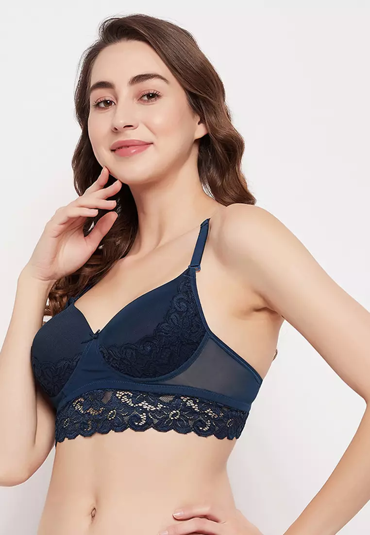 Padded Non-Wired Full Cup Bralette in Dark Blue - Lace