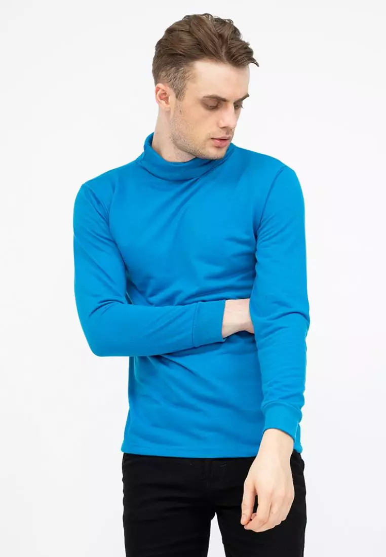 Turtle Neck pria lengan panjang biru muda kaos kerah tinggi slim fit houseofcuff