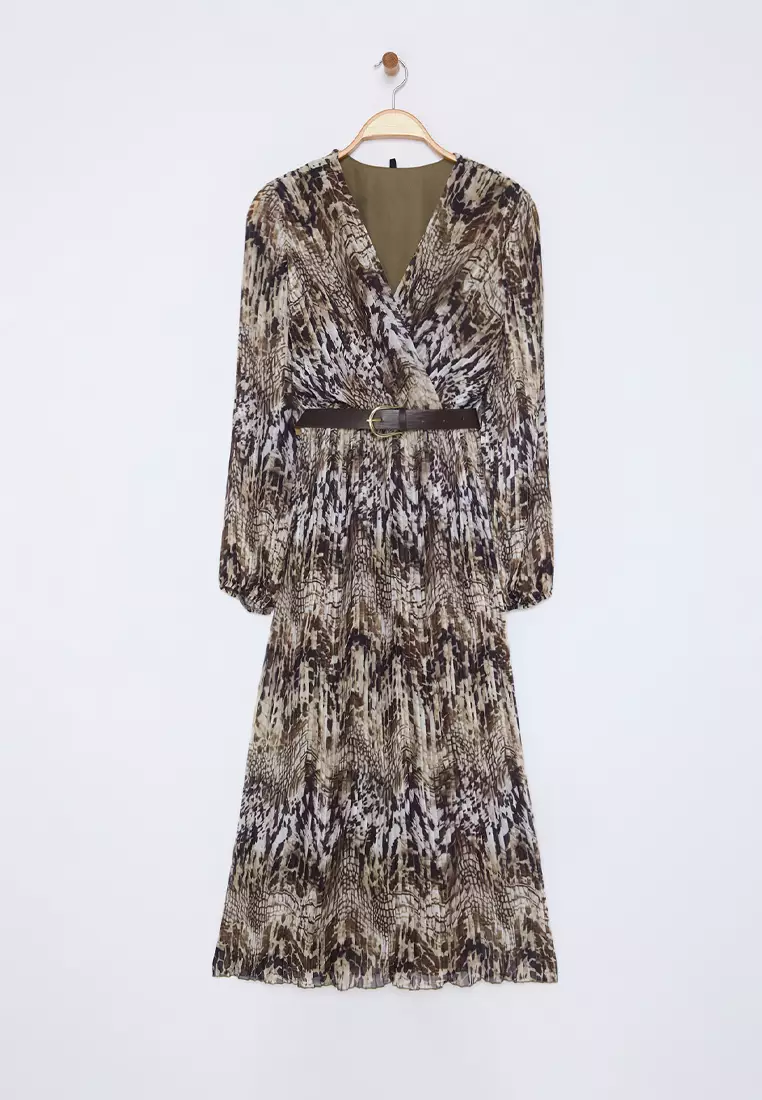 Plisse Belted Midi Dress