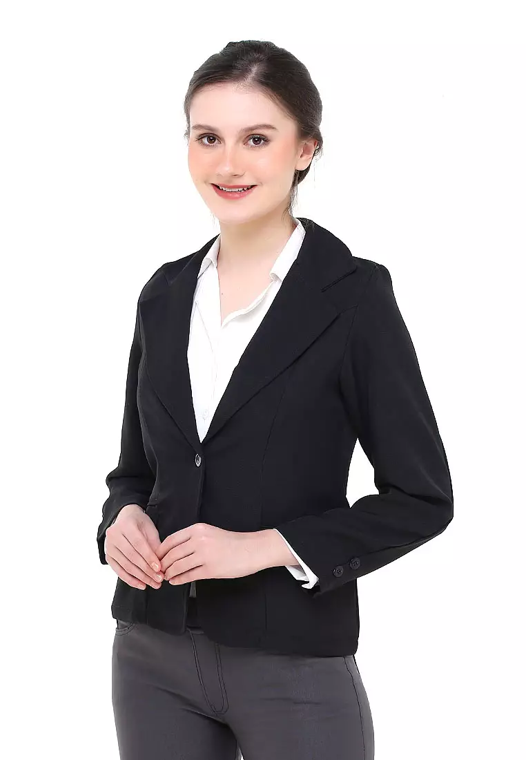 Qemsya Jas Blazer Wanita One Button Formal Longsleeve Suit Material Scuba ORIGINAL - Black