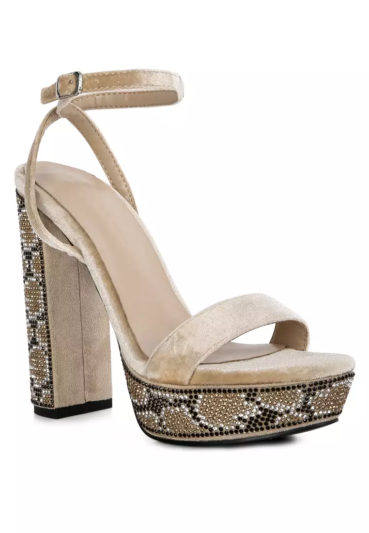 Beige Diamante Platform Heel Sandals