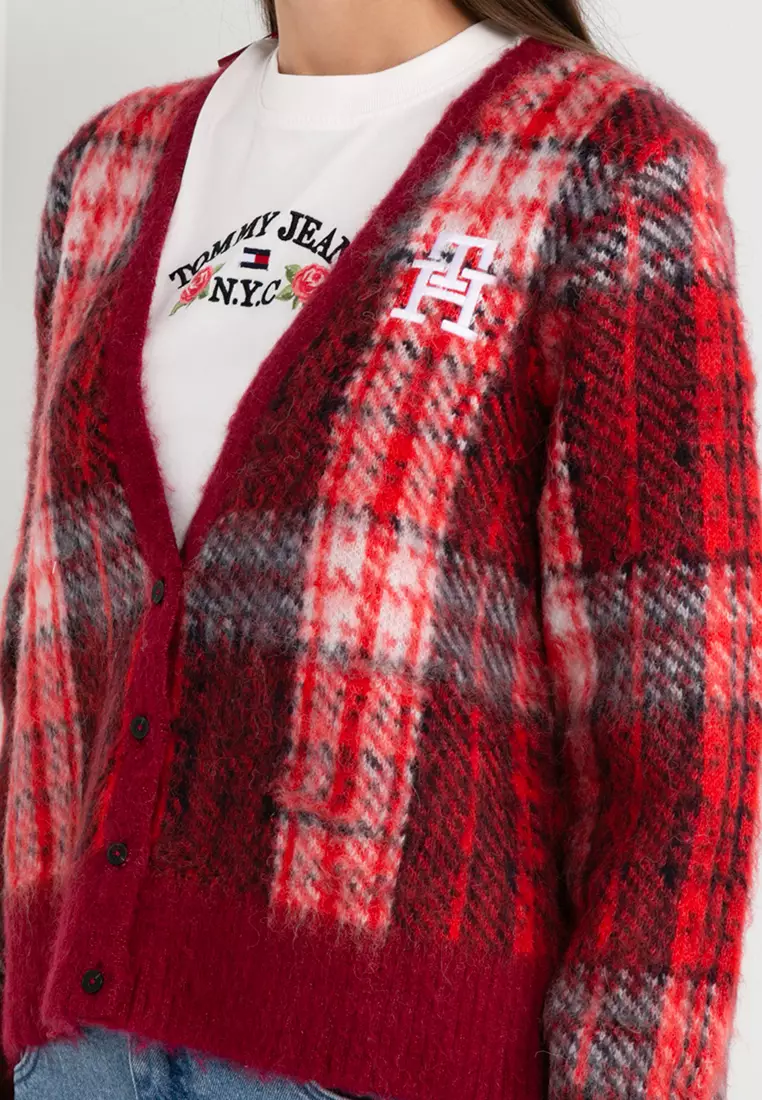 Red and black plaid cardigan top