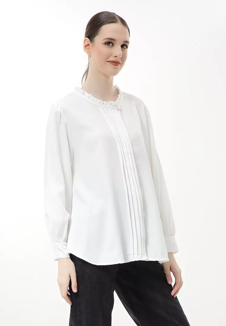 Vionka Kemeja Atasan Wanita Opnaisel Motif Polos - Broken White