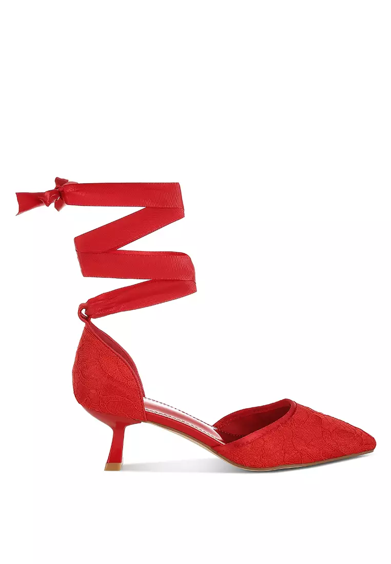 Lace Kitten Heel Sandals in Red