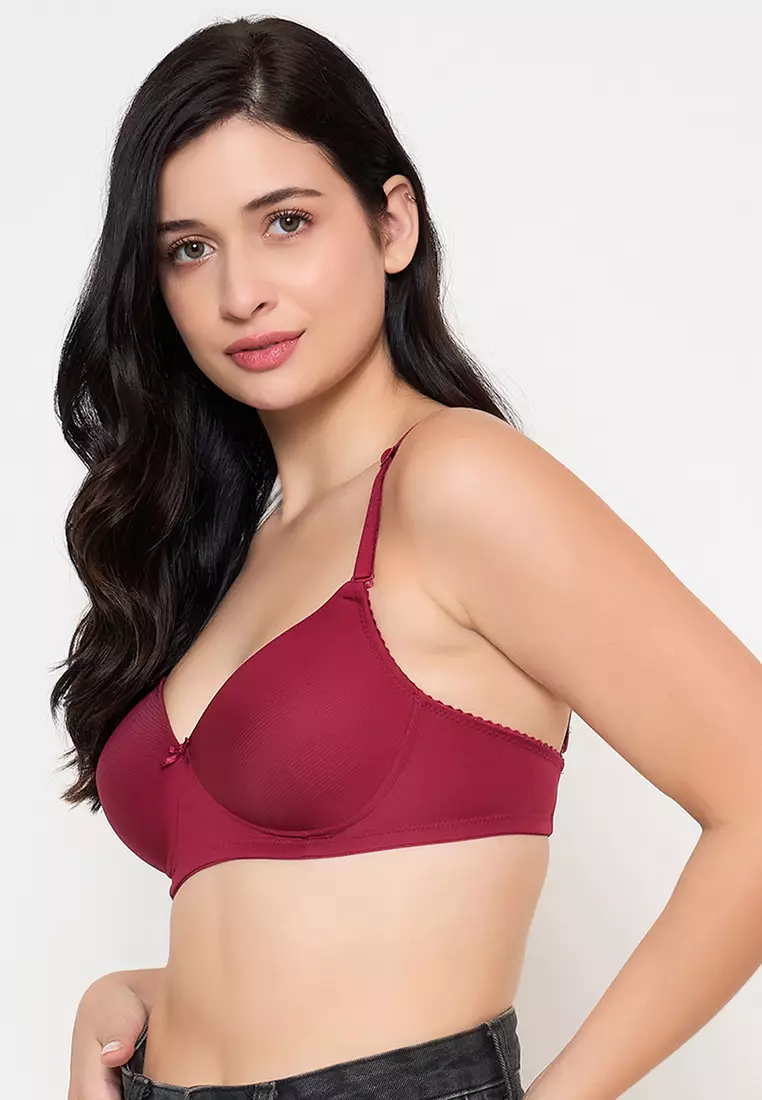 Clovia Padded Non-Wired Full Cup Self Striped Multiway T-shirt Bra in Maroon