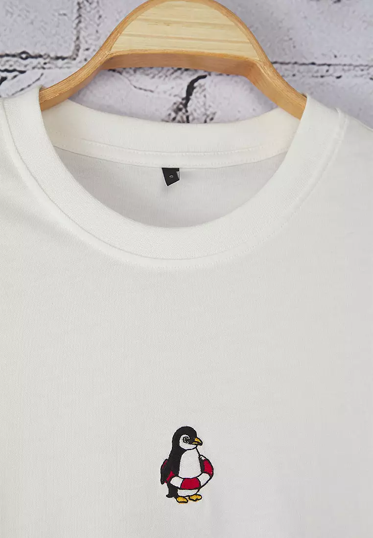 Ecru Oversize/Wide Cut Penguin Embroidered 100% Cotton T-Shirt