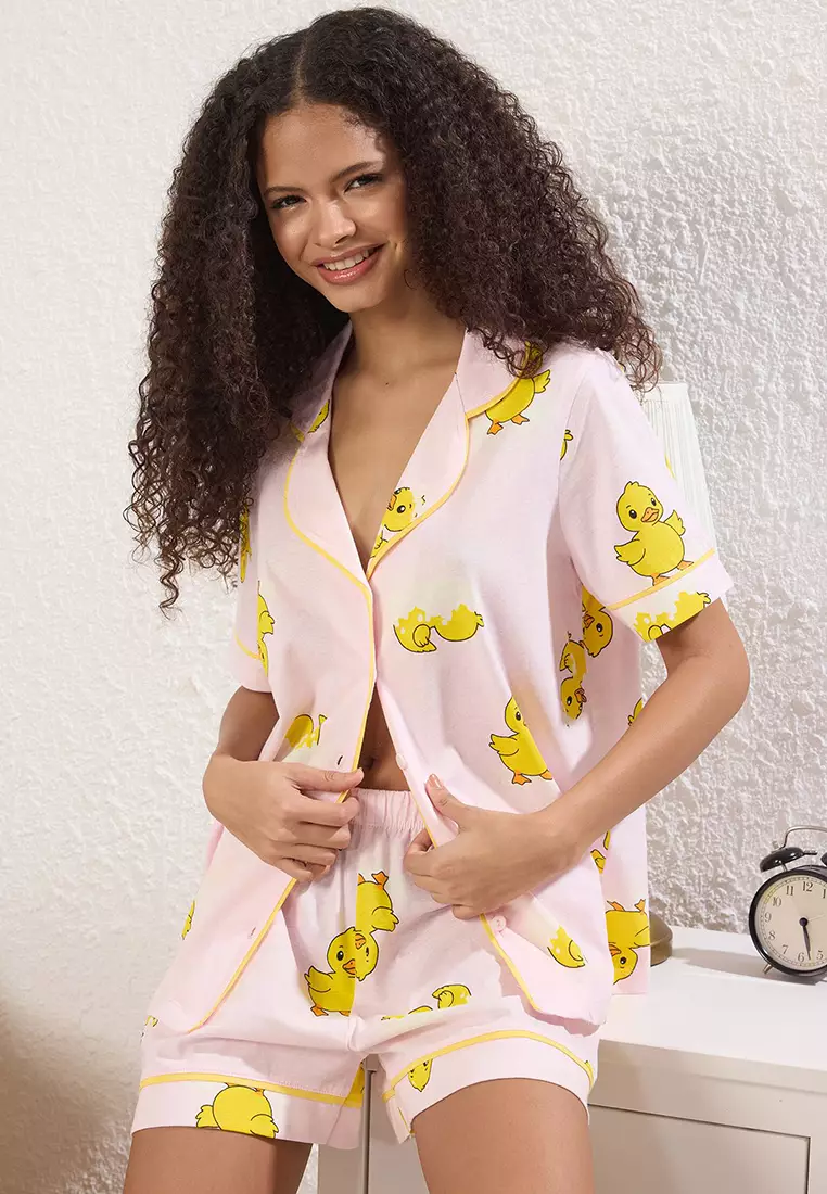 Pink 100% Cotton Duck Patterned Piping Shorts Knitted Pajama Set THMSS25PT00300