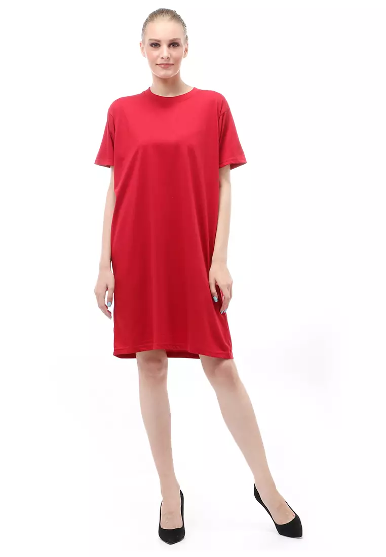 Finch Midi Dress Wanita Short Sleeves Motif Polos - Maroon