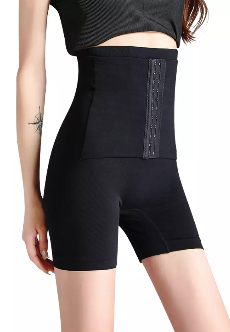 Premium Wara High Waisted Shaping & Lifting Compression Long Girdle Shapewear Shorts in Black