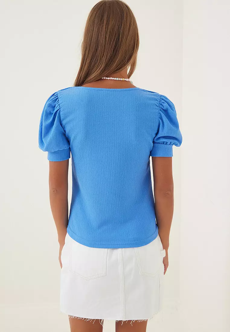 Square Collar Balloon Sleeves Knitted Blouse