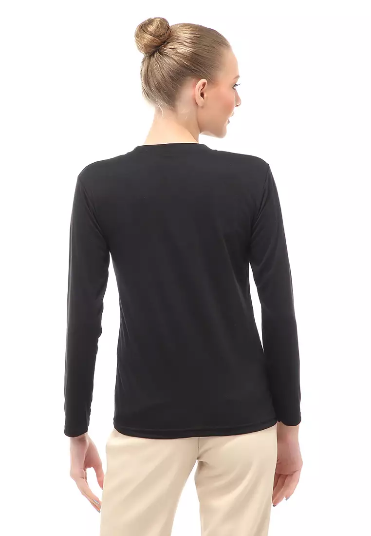 Kaos Atasan Wanita Long Sleeves Detail Motif Abstrak Slip On Style - Hitam