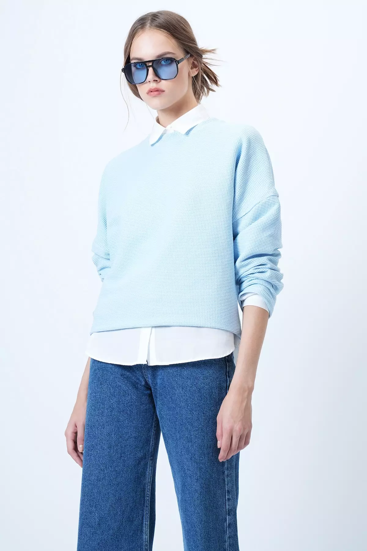 Blue Crew Neck Bat Sleeve Wide Cut Basic Blouse Alc-X14391