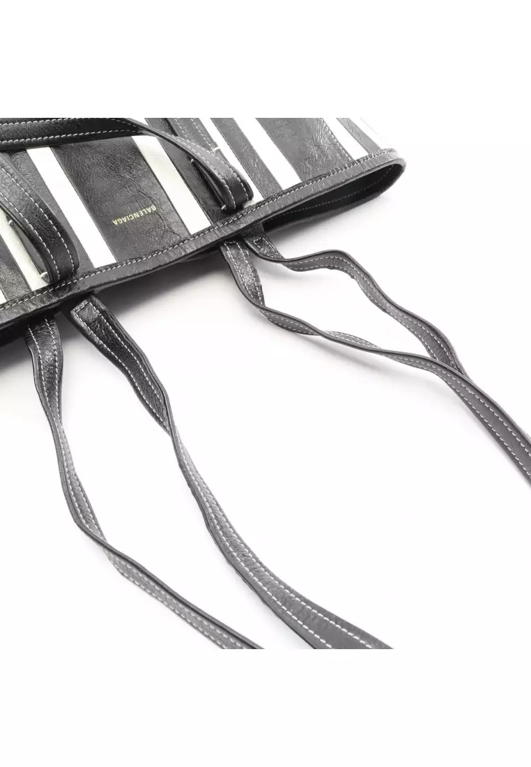 Pre-Loved BALENCIAGA BARBES E/W SHOPPER Shoulder bag tote bag stripe leather black white 2WAY