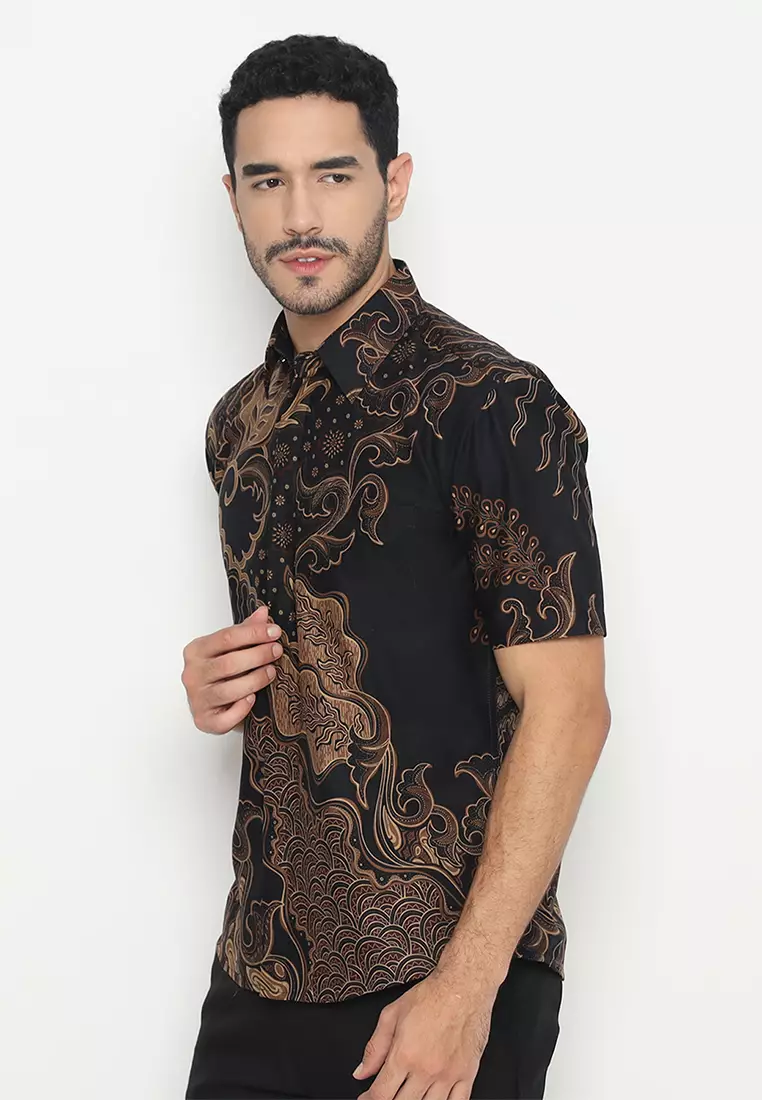 Kemeja Batik Pria Ganesha Lengan Pendek - Black/Brown