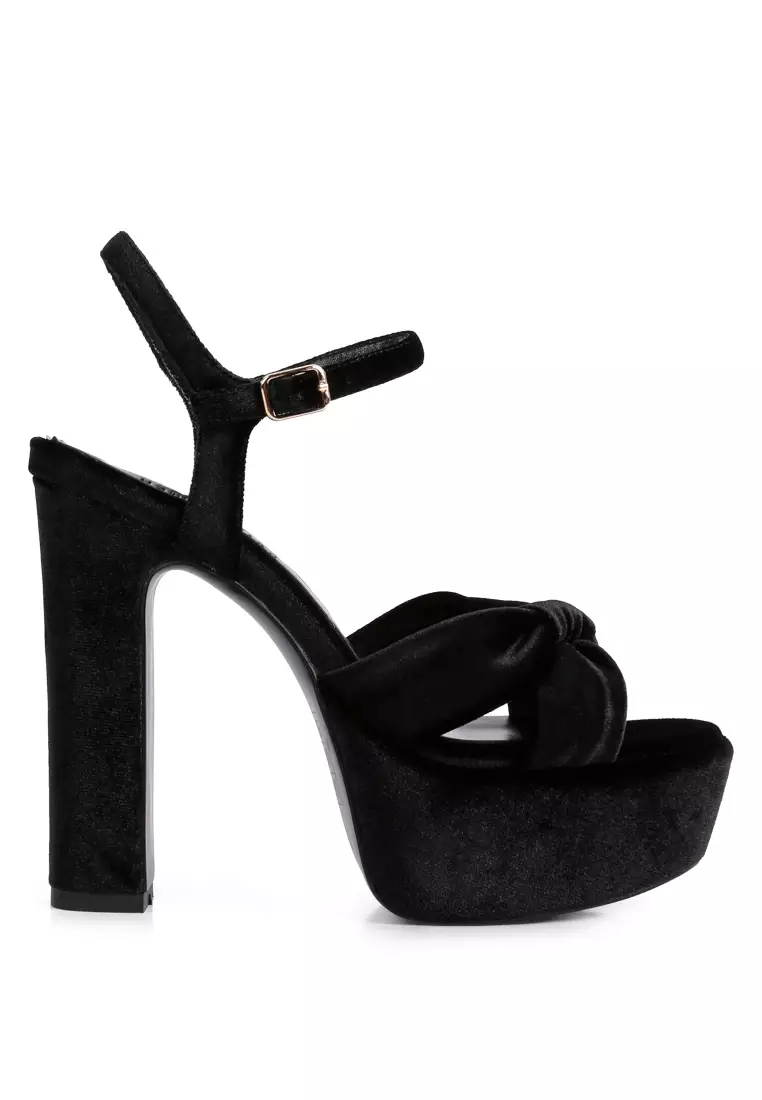Black Velvet High Block Heeled Sandals