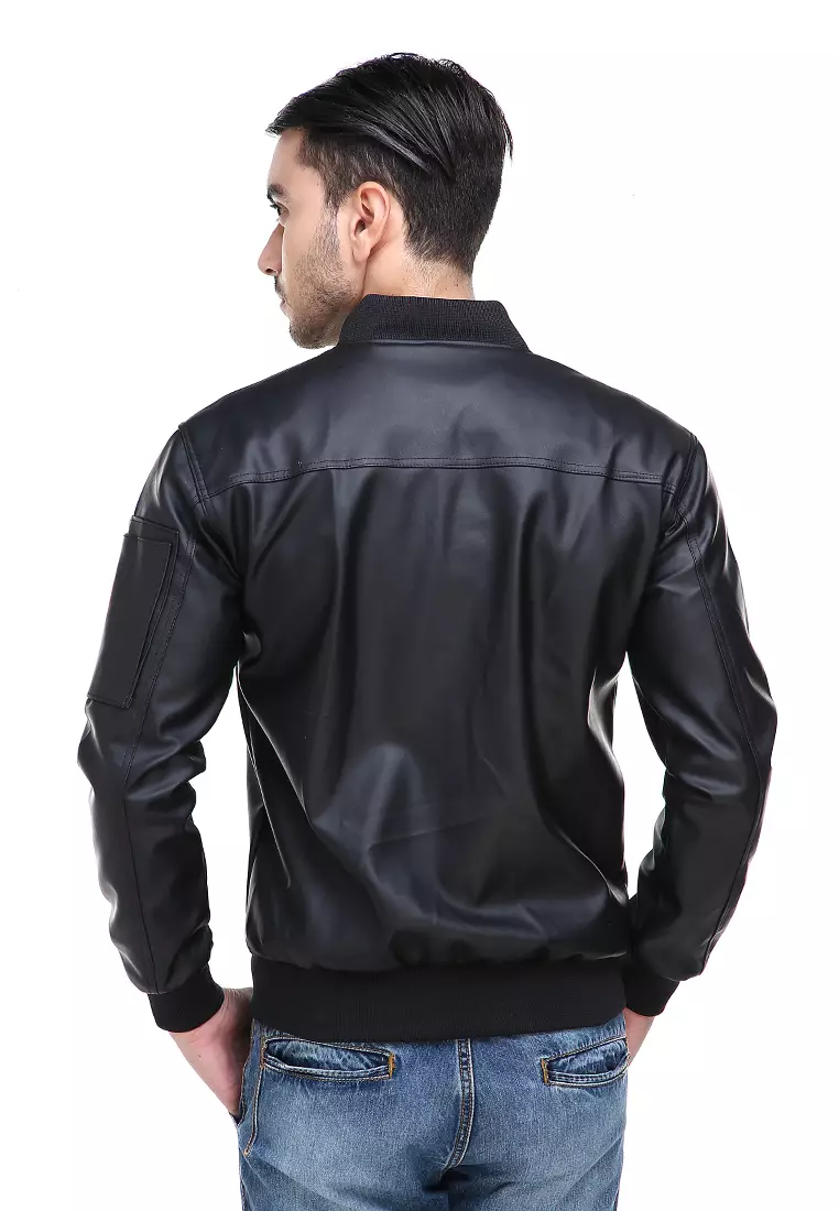 Clover Jaket Bomber Pria Now Ori Soft Material Leather Kulit ORIGINAL - Black