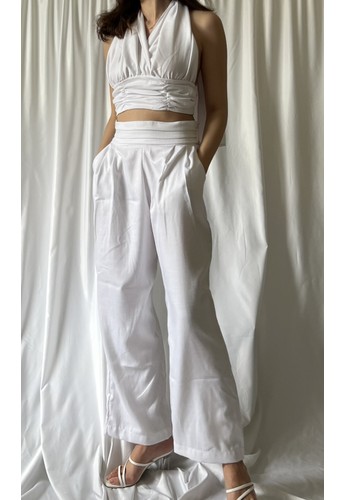 Blair Pleated Highwaisted Linen Wide Leg Pants in White