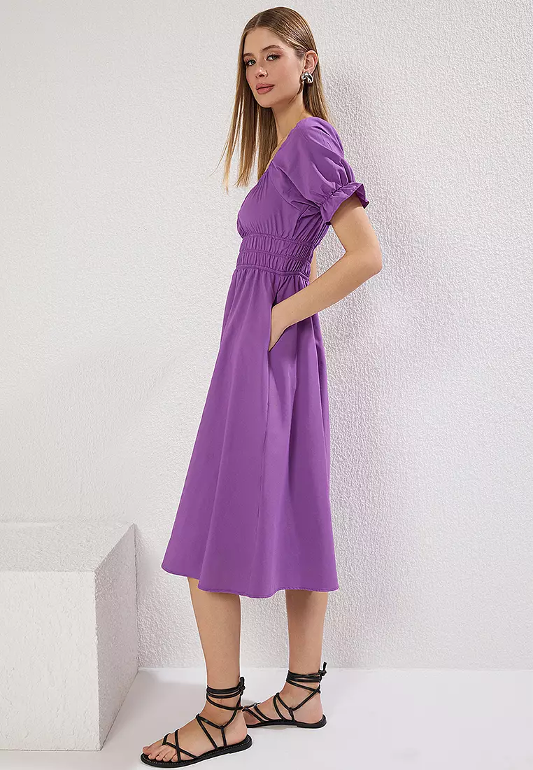 Purple Plain Skirt Elastic Waist Opening Midi Woven Dress