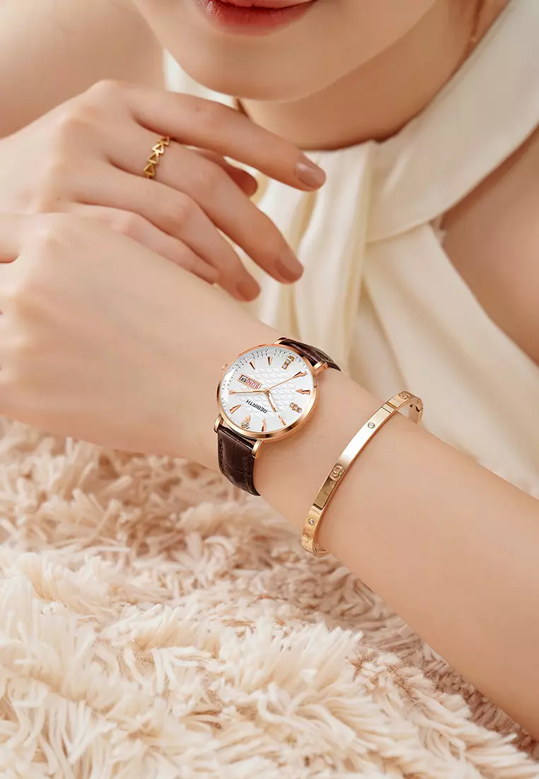 Jam Tangan Wanita Tahan Air Tali Kulit Jam Wanita Kuarsa Santai Mode Jam Tangan Cewek brownwhite