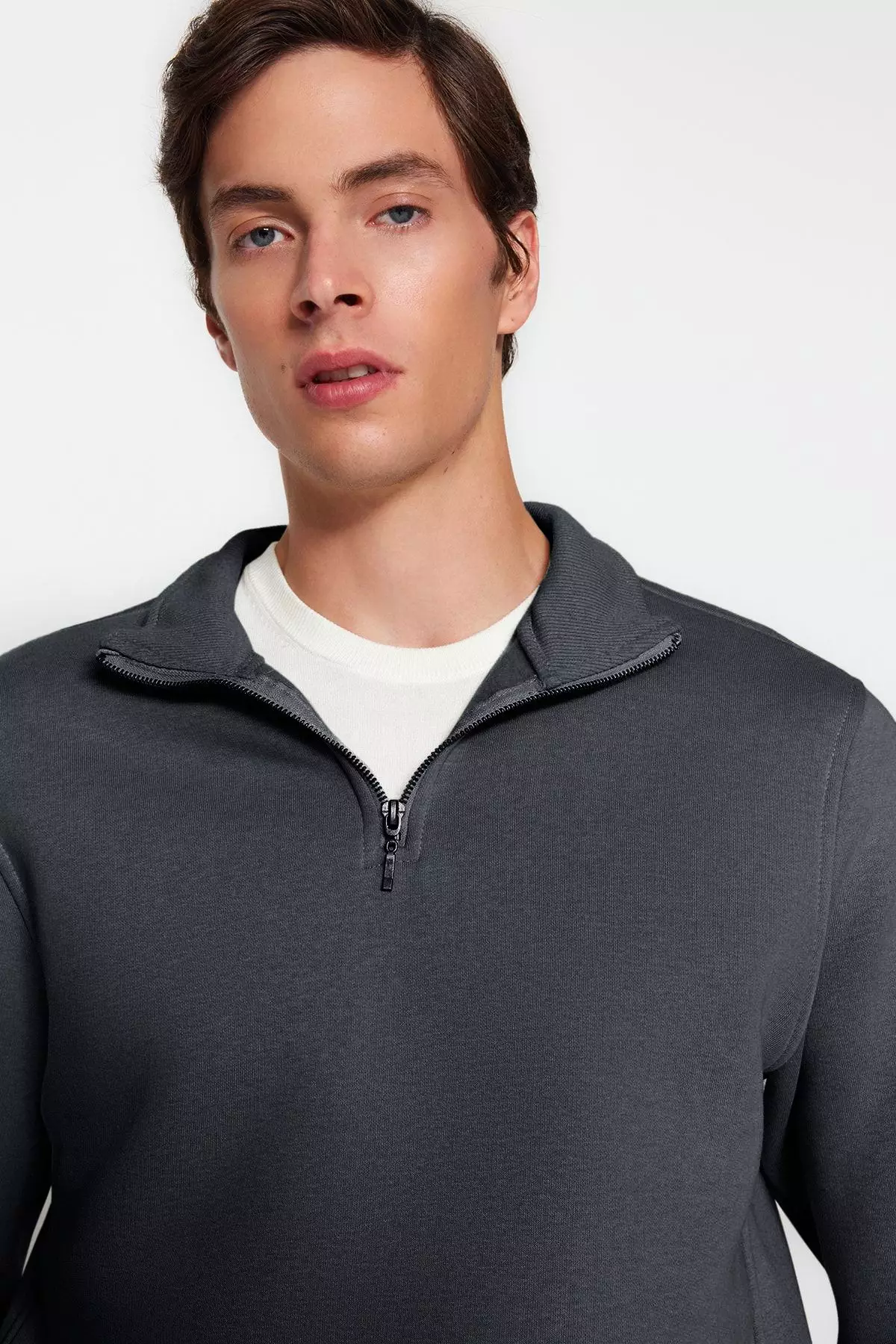 Anthracite Regular/Normal Cut Stand Collar Zippered Warm Basic Sweatshirt TMNAW24SW00041