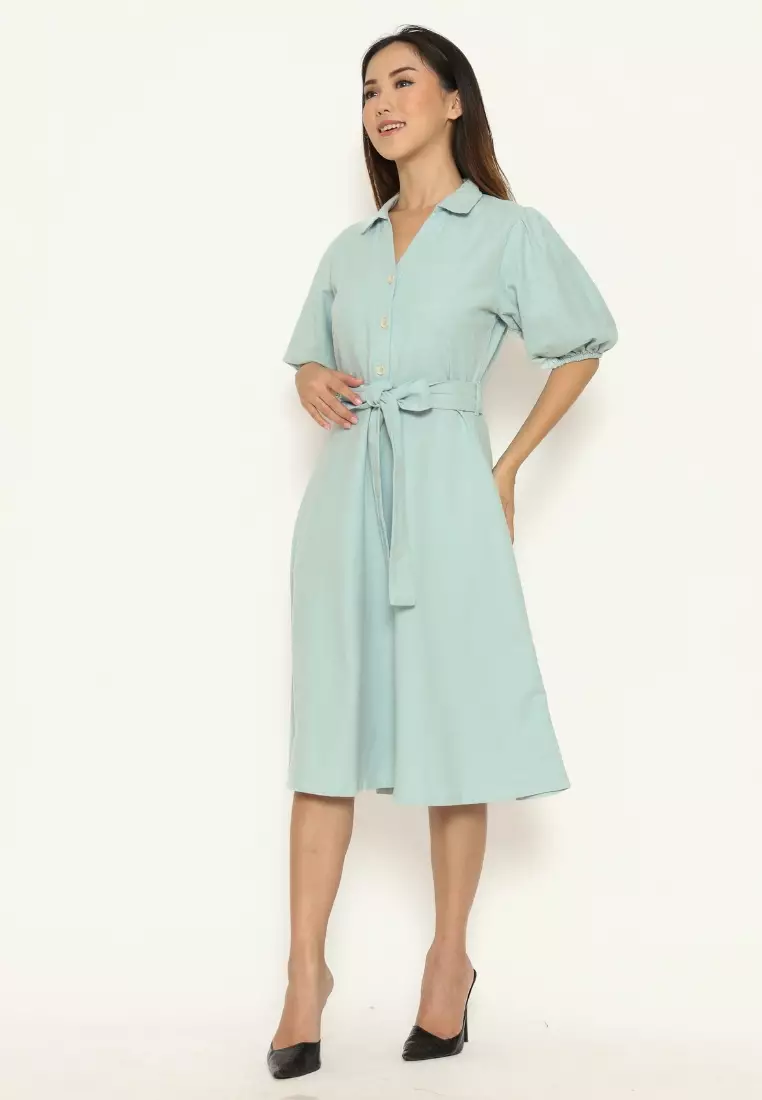 Urban Exchange Scarlet Dress Green - Linen Midi Dress Warna Green