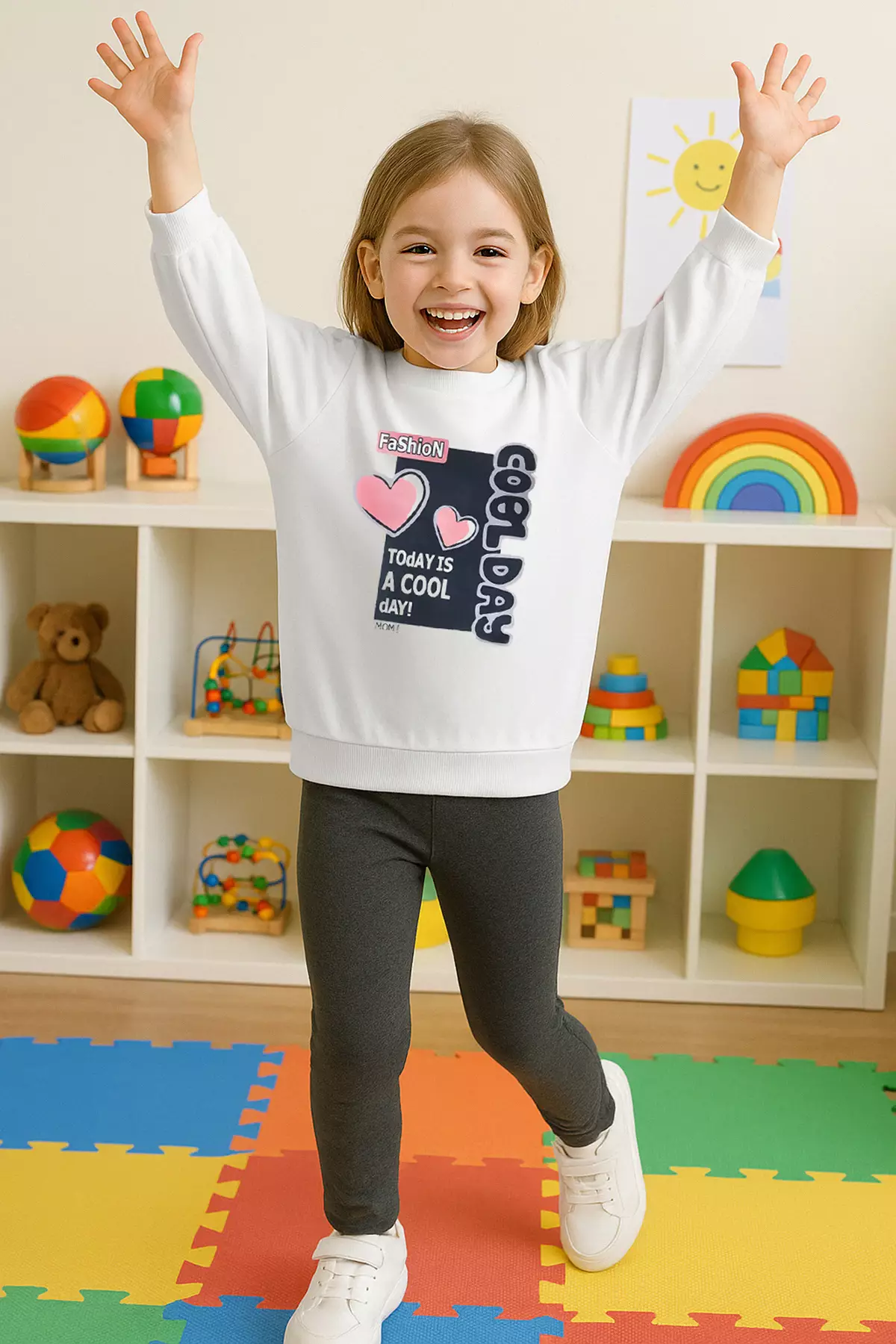 Ecru Cotton Crew Neck Girl's Set - Tkdaw25Au00063