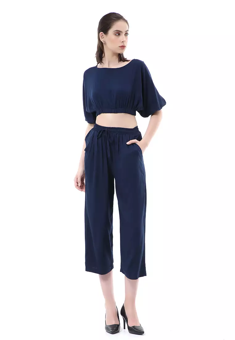 Nayra One Set Setelan Wanita Atasan Crop Lengan 3/4 Celana Kulot Material Rayon ORIGINAL - Navy