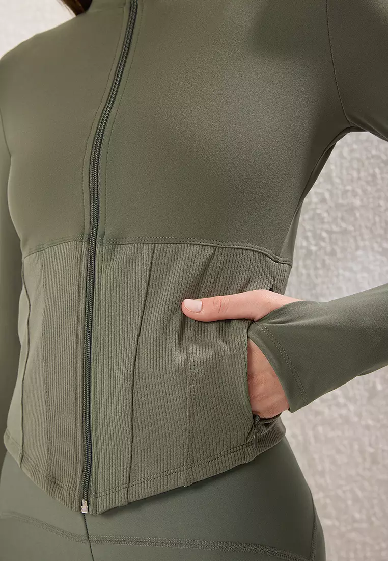 Khaki Brushed Soft Knitted Sports Jacket/Sweatshirt With Thumb Holes