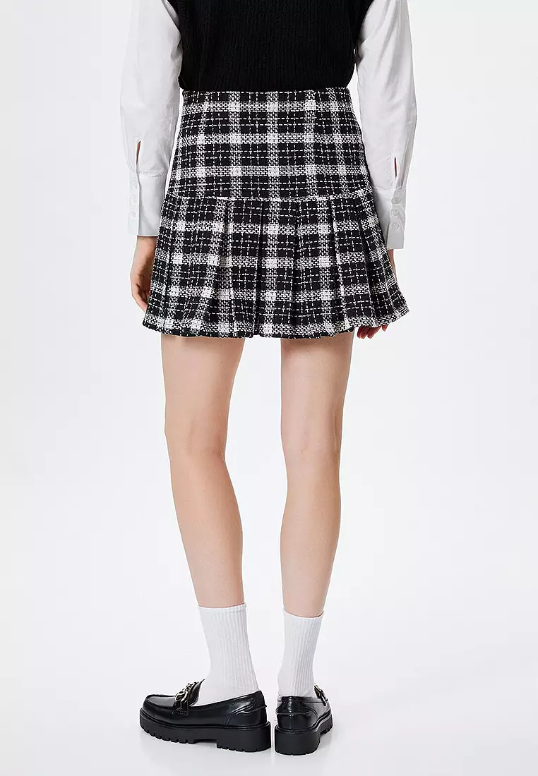 Tweed Pleated Mini Skirt Slim Fit