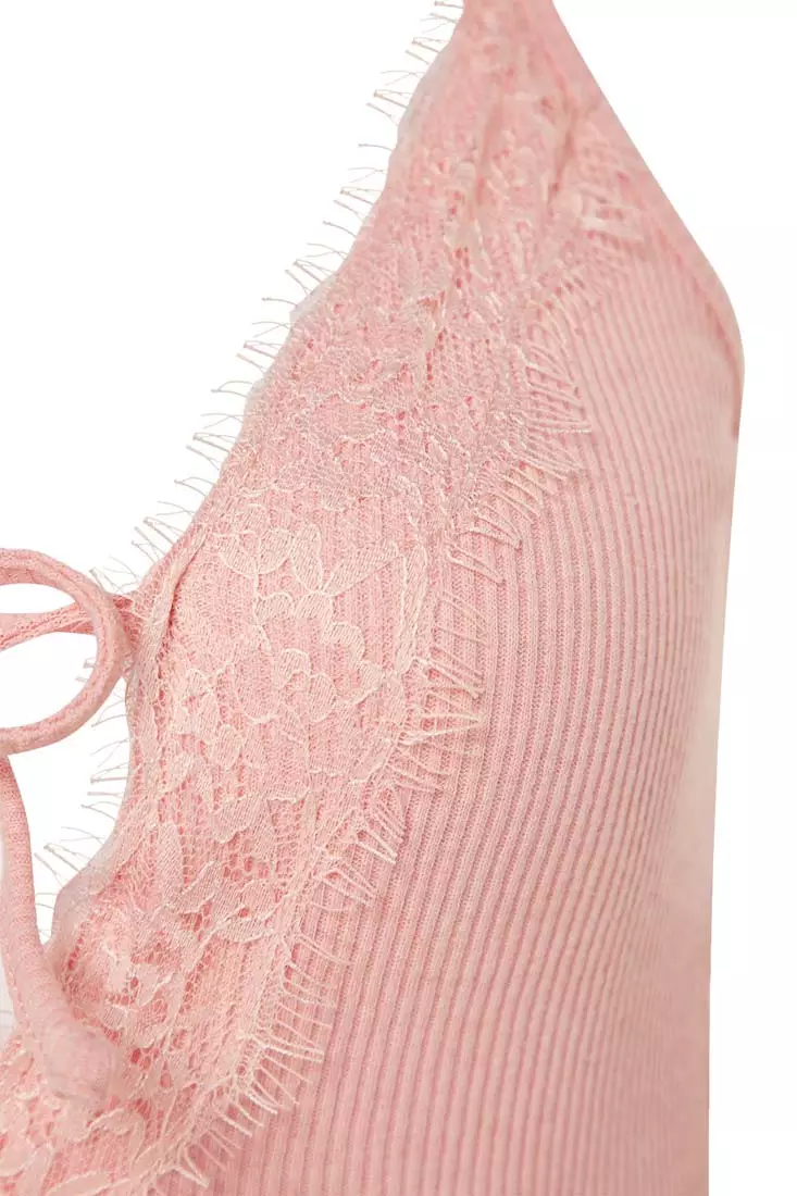 Lace and Tie Detail Ribbed Nightgown