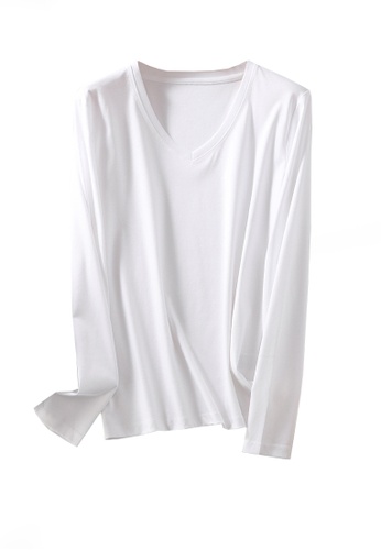 Twenty Eight Shoes white VANSA V-neck Mercerized Cotton Long-sleeved T-Shirt VCW-Ts0001V A39B9AA1DEB35EGS_1