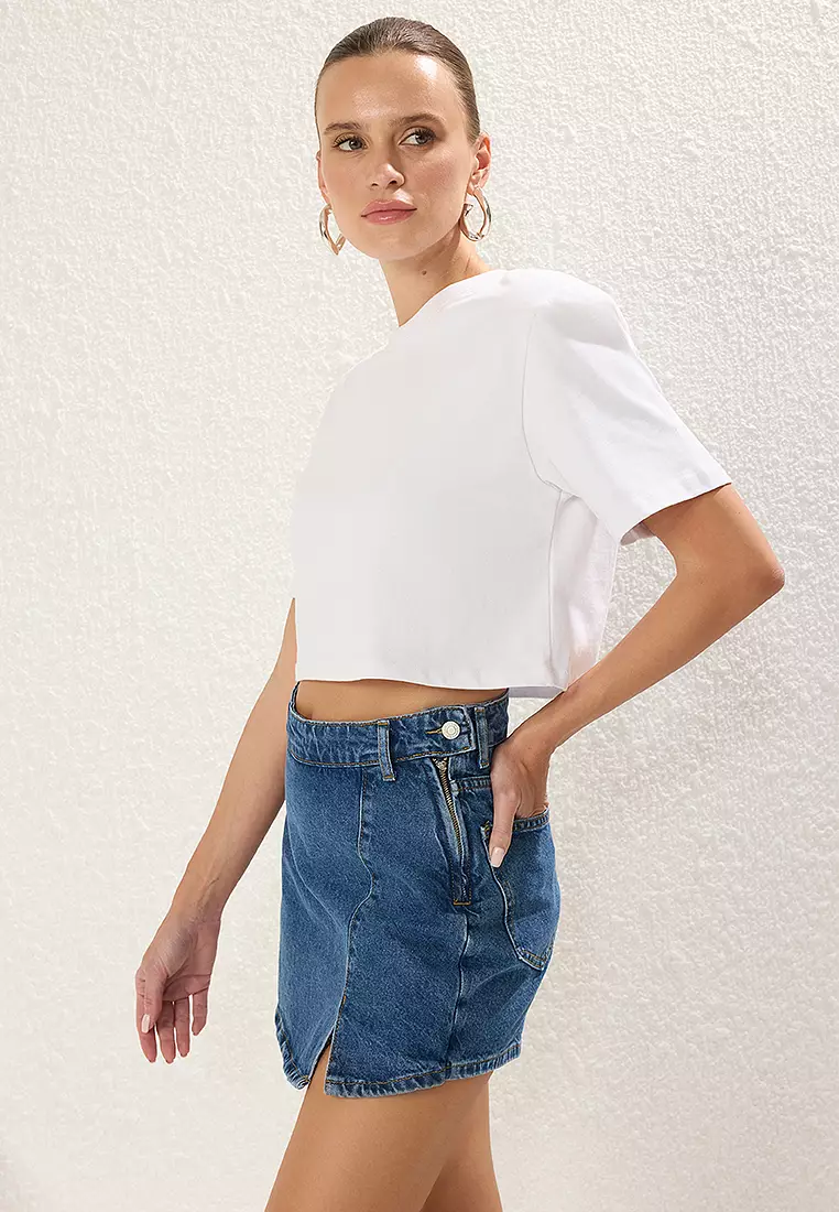 Blue Slit Mini Denim Shorts