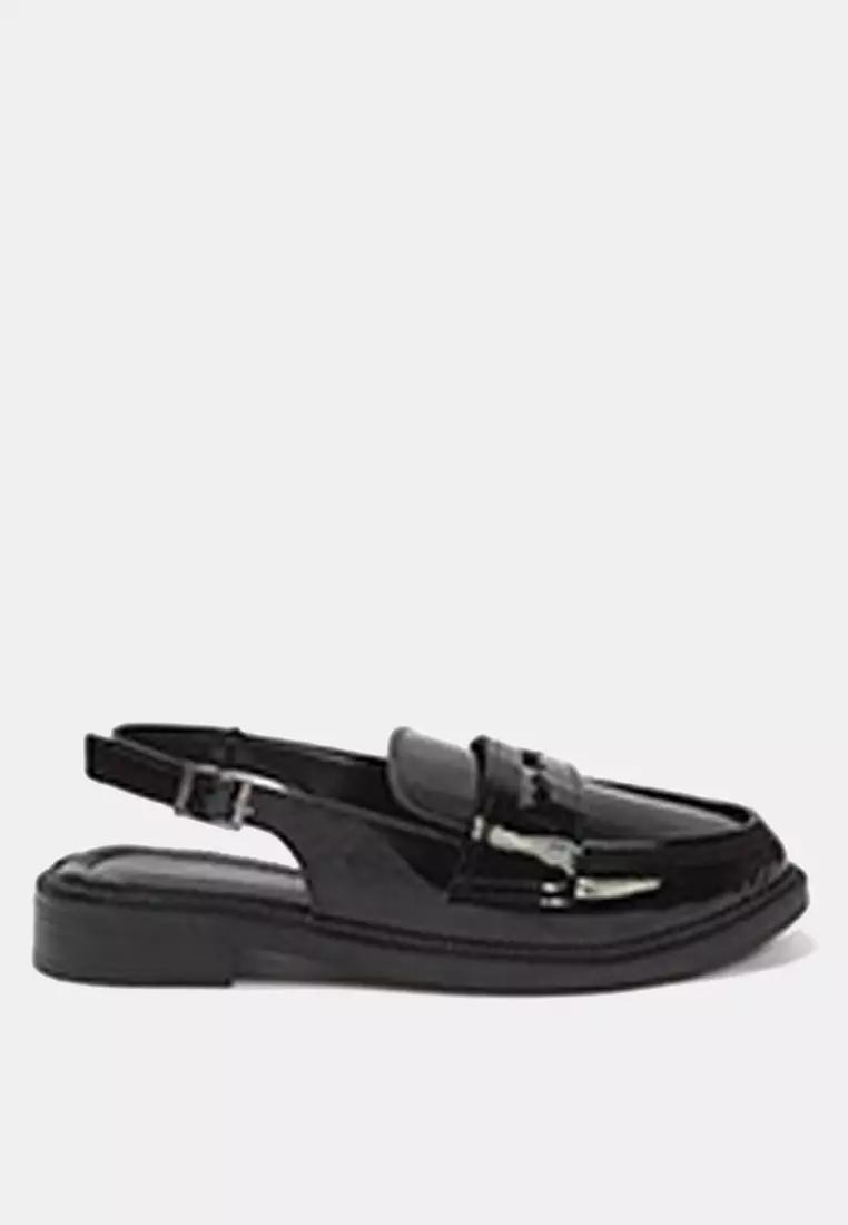 Black Patent Leather Open Back Women Loafer Shoes Takss25La00022