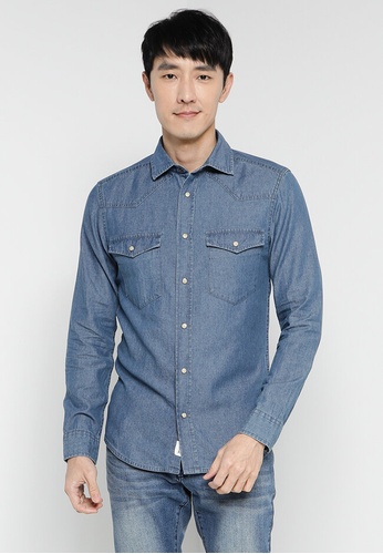 Only & Sons navy Silas Life Denim Chambray Shirt 10A08AA28F9C03GS_1