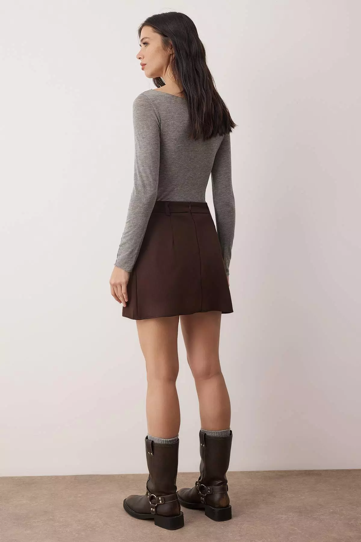 Dark Brown Pleated Detailed Mini Slit Mini Size Woven Skirt Twoaw26Et