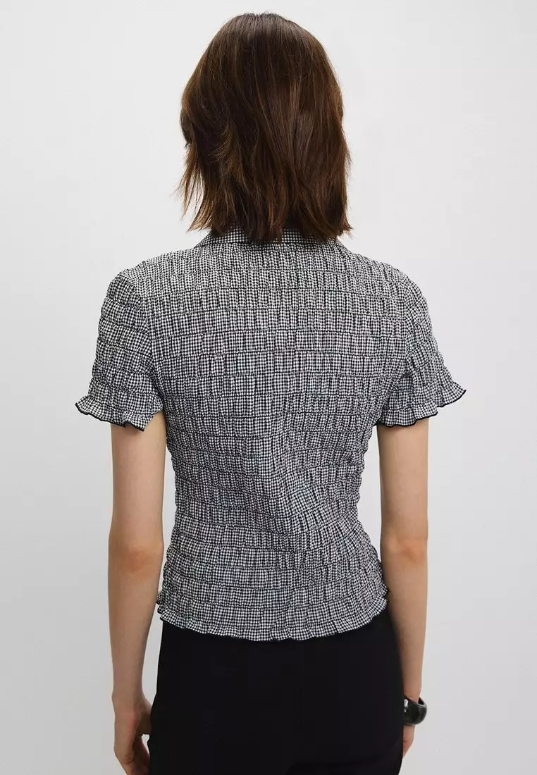 Gingham Shirred Blouse - Black