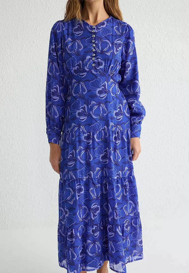 Floral Patterned Slim Fit Lined Elastic Back Chiffon Woven Dress