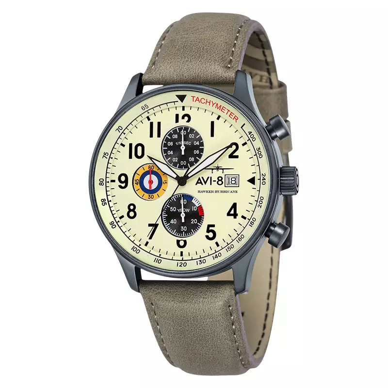 Jam Tangan Pria AVI-8 Hawker Hurricane AV-4011-0C Classic Chronograph Cream Beige Dial Leather Strap