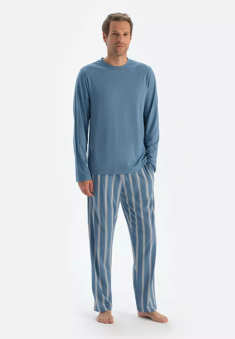 Buy DAGİ Blue T-Shirt Trousers, Crew Neck, Regular Fit, Long